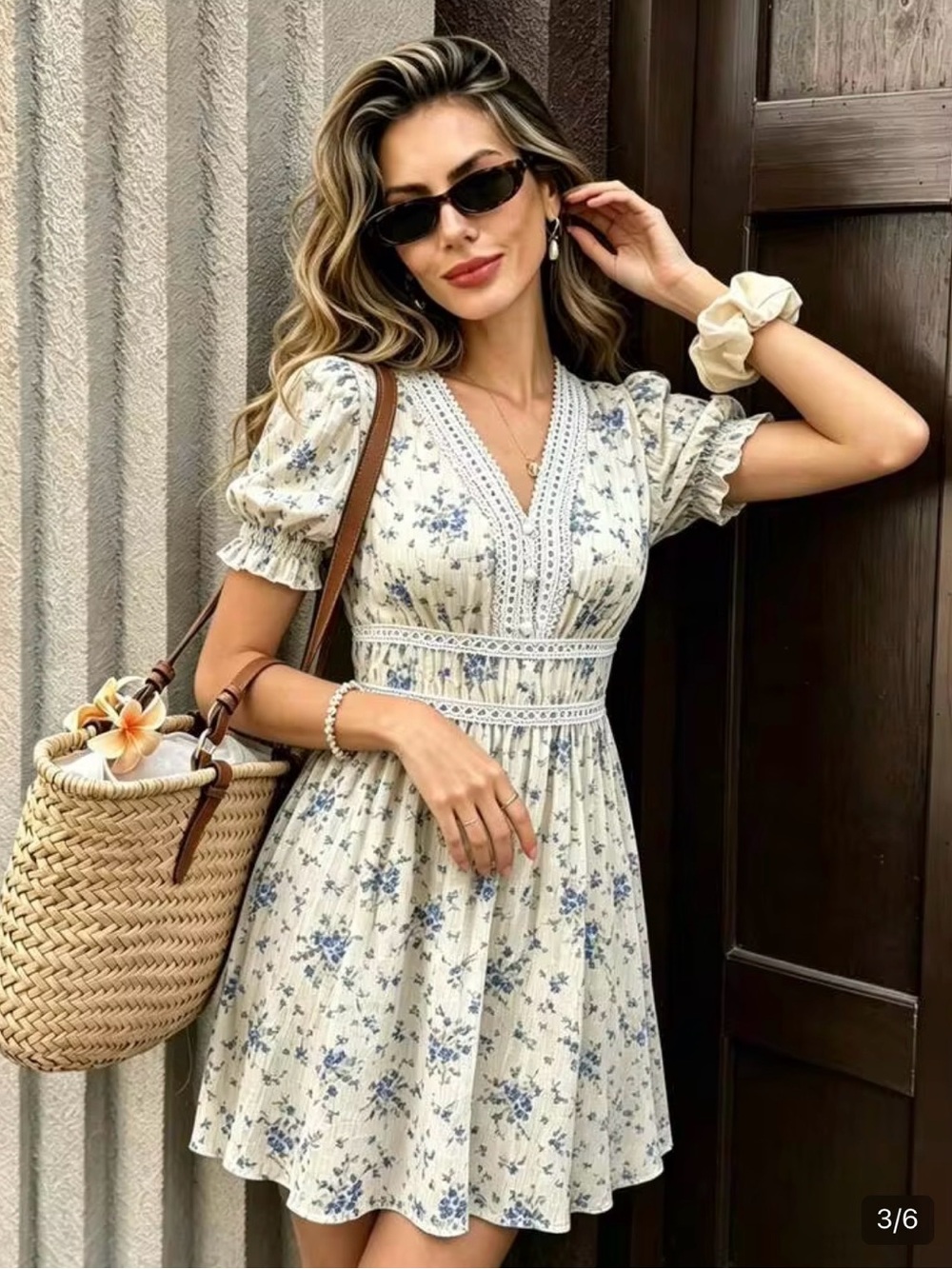 SHEIN Cream Mini Dress with Blue Floral Print